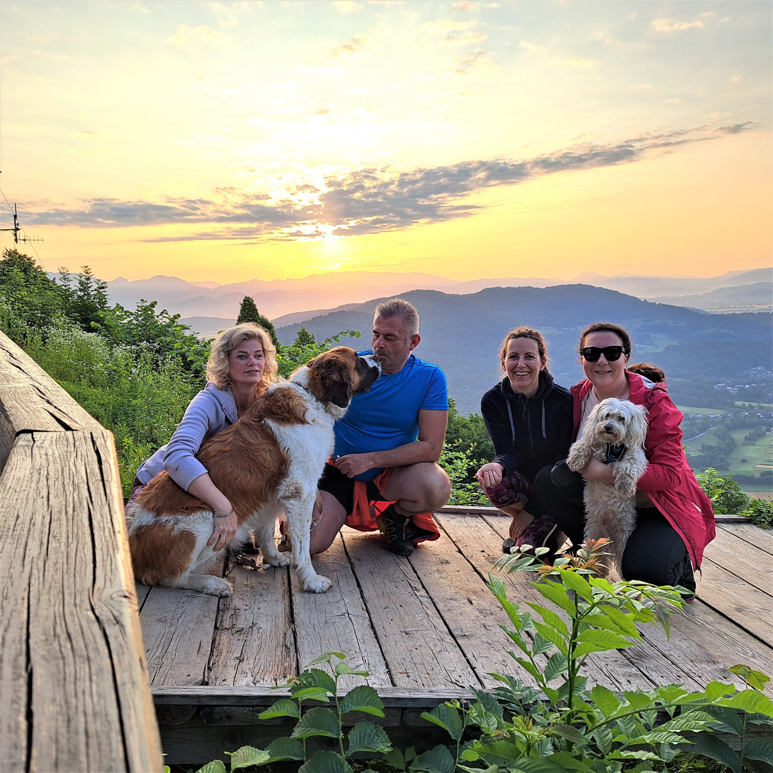O nas - 4 osebe in 2 psa na leseni ploščadi, v naravi pred sončnim vzhodom.